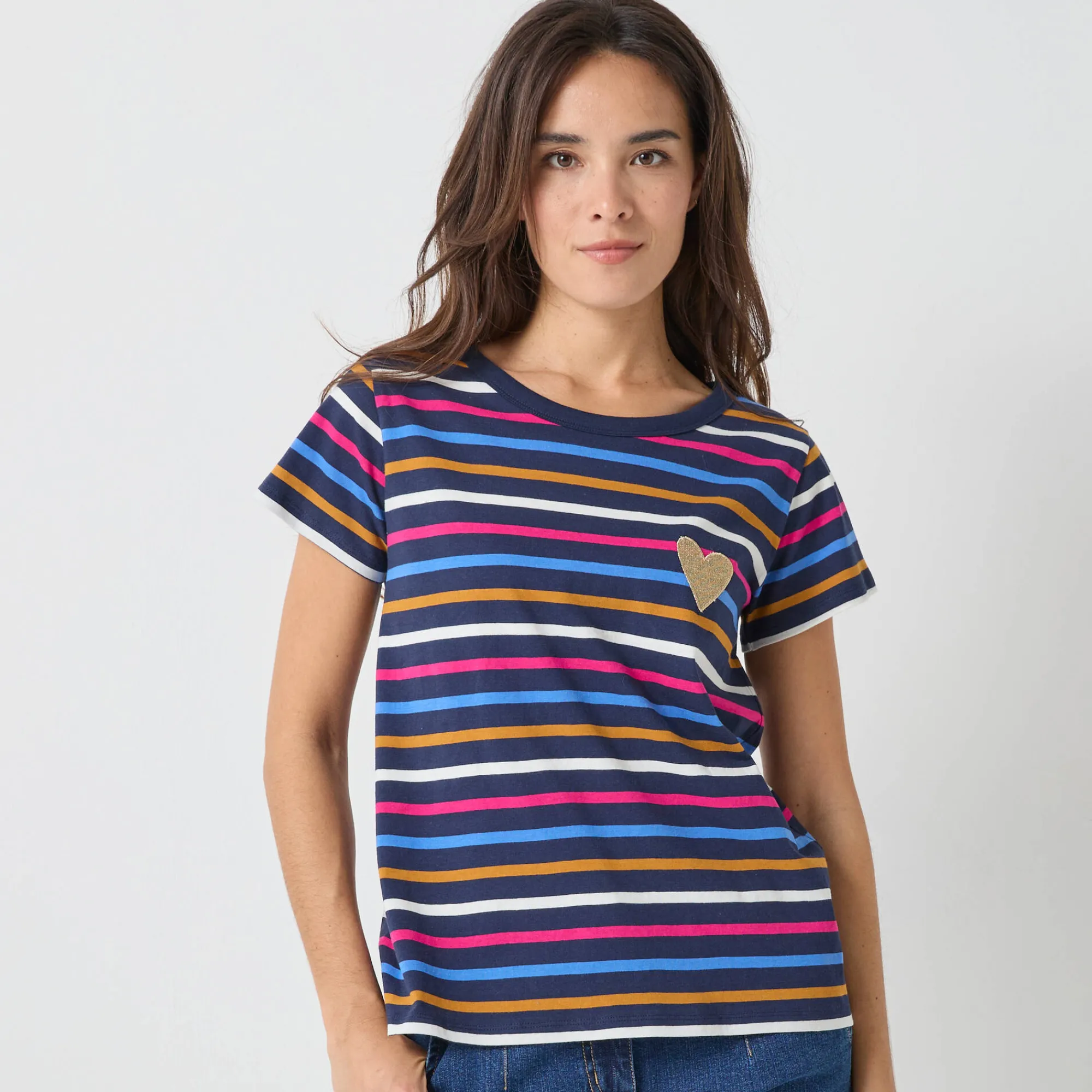 T-Shirt En Topje<Blancheporte Gestreept T-shirt met korte mouwen, goudkleurig hartje marine / veelkleurig