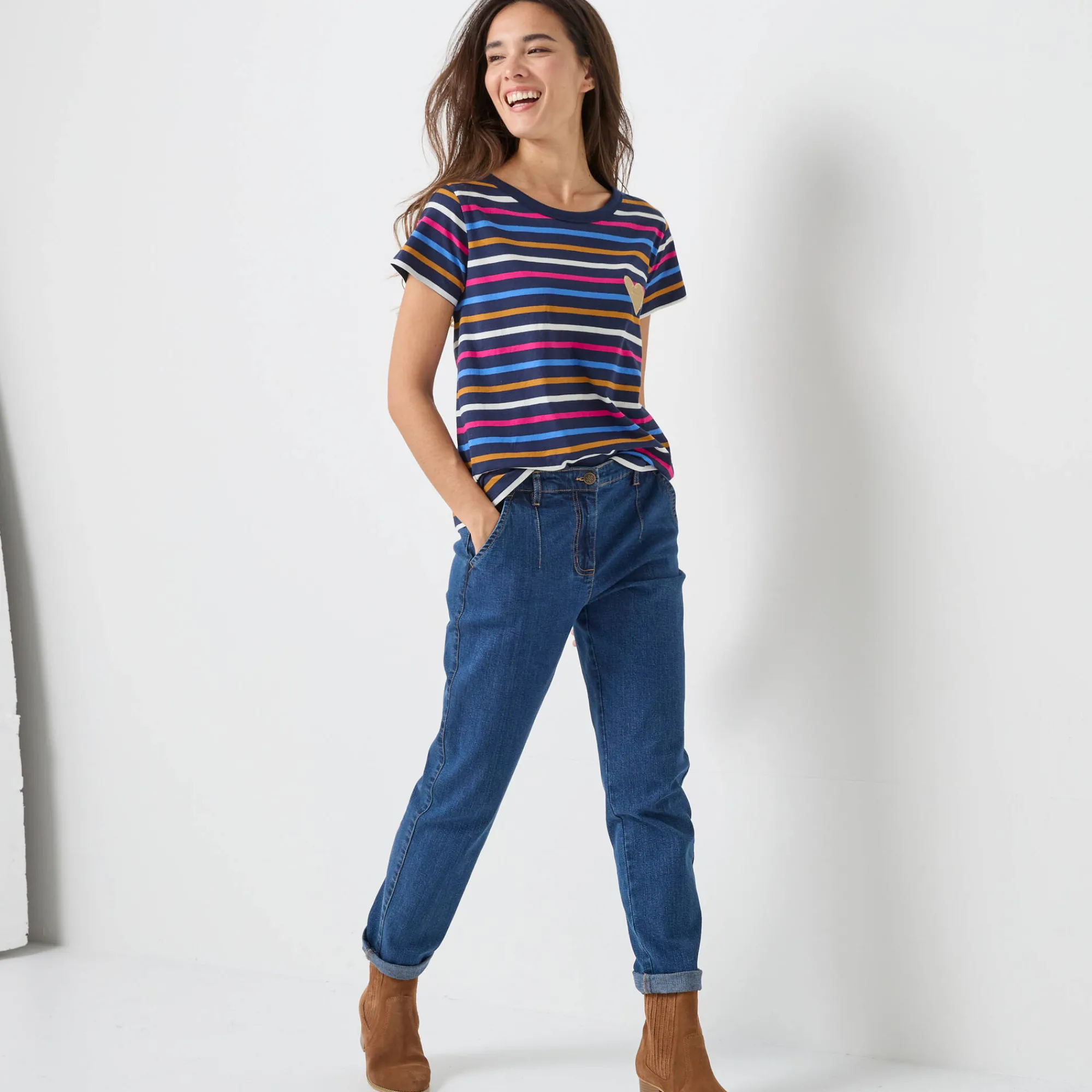 T-Shirt En Topje<Blancheporte Gestreept T-shirt met korte mouwen, goudkleurig hartje marine / veelkleurig