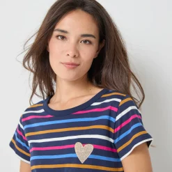 T-Shirt En Topje<Blancheporte Gestreept T-shirt met korte mouwen, goudkleurig hartje marine / veelkleurig