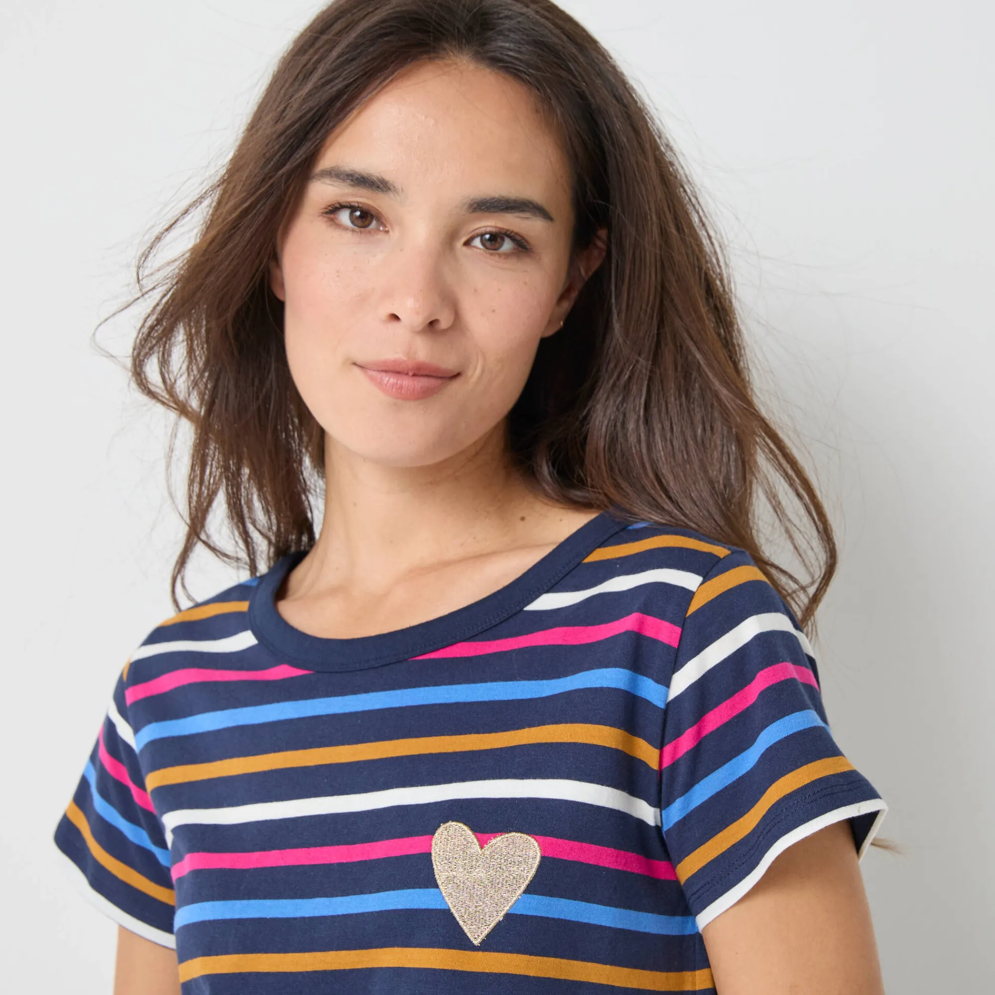 T-Shirt En Topje<Blancheporte Gestreept T-shirt met korte mouwen, goudkleurig hartje marine / veelkleurig