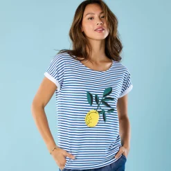 T-Shirt En Topje<Blancheporte Gestreept T-shirt met korte mouwen en geplaatste print, Kleine Lengtes wit / blauw