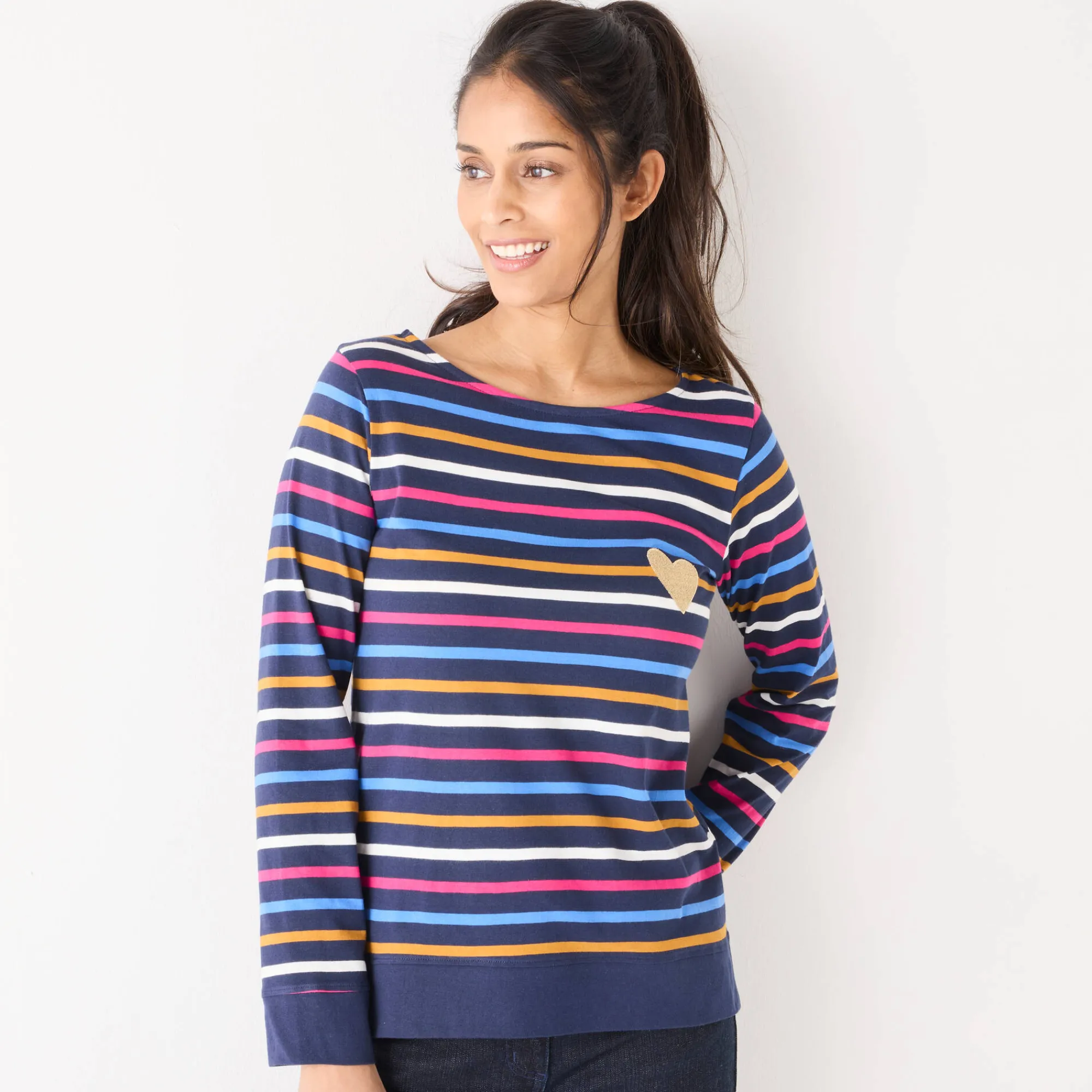 T-Shirt En Topje<Blancheporte Gestreept T-shirt met lange mouwen, goudkleurig hartje marine / veelkleurig