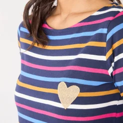 T-Shirt En Topje<Blancheporte Gestreept T-shirt met lange mouwen, goudkleurig hartje marine / veelkleurig