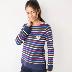 T-Shirt En Topje<Blancheporte Gestreept T-shirt met lange mouwen, goudkleurig hartje marine / veelkleurig