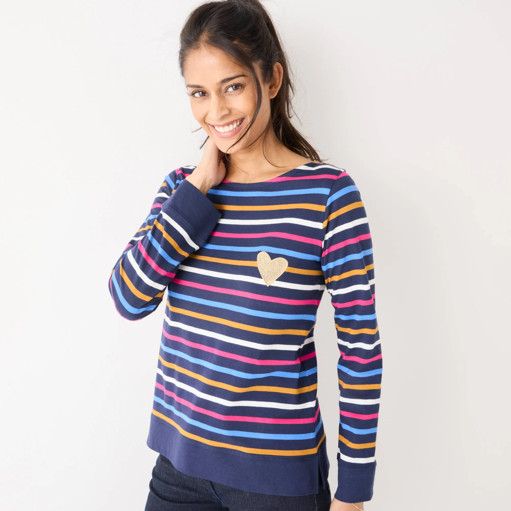 T-Shirt En Topje<Blancheporte Gestreept T-shirt met lange mouwen, goudkleurig hartje marine / veelkleurig