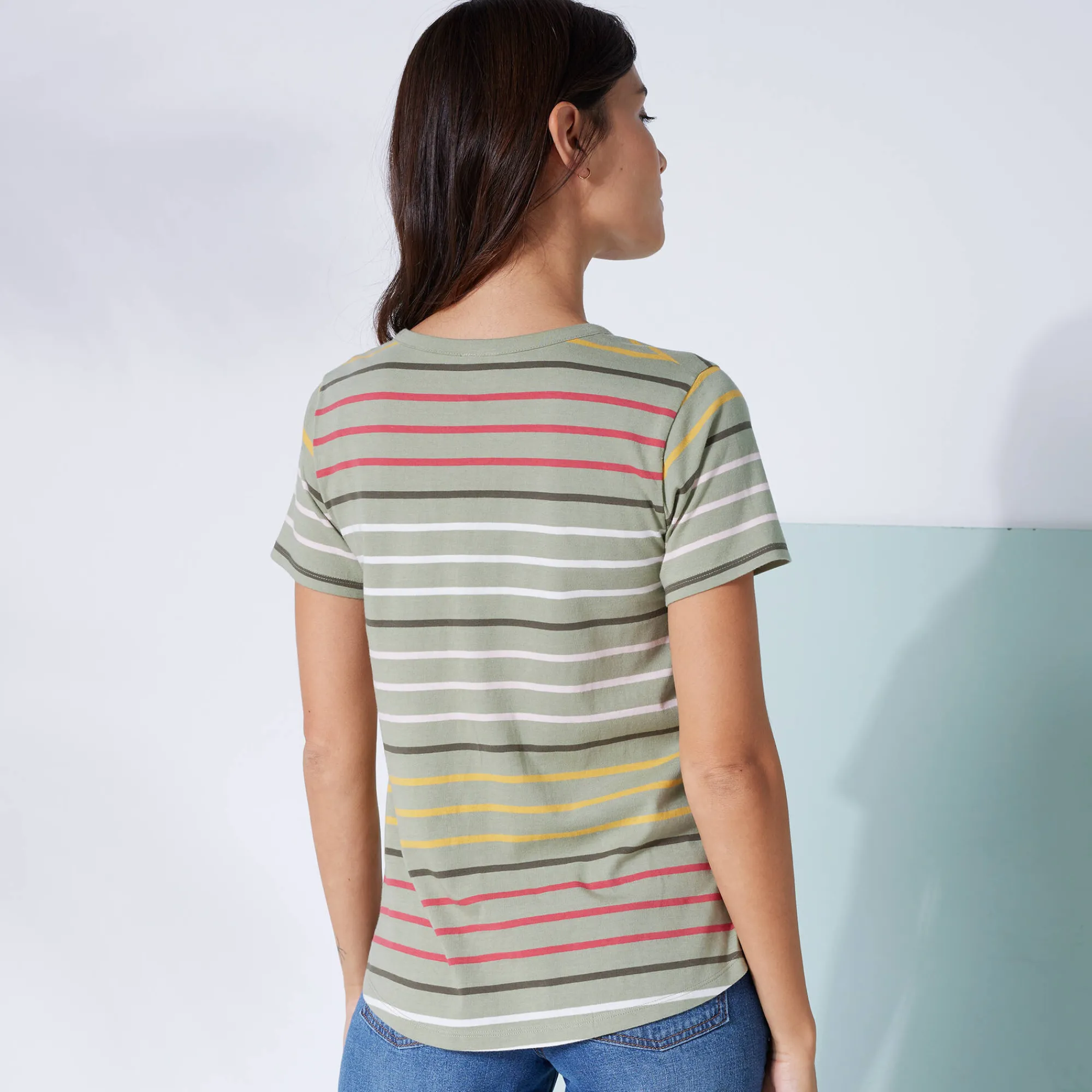 T-Shirt En Topje<Blancheporte Gestreept T-shirt met Tunesische hals en korte mouwen kaki / veelkleurig