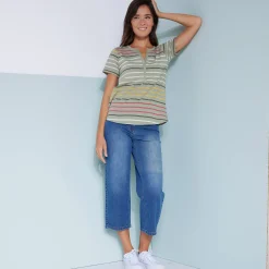 T-Shirt En Topje<Blancheporte Gestreept T-shirt met Tunesische hals en korte mouwen kaki / veelkleurig