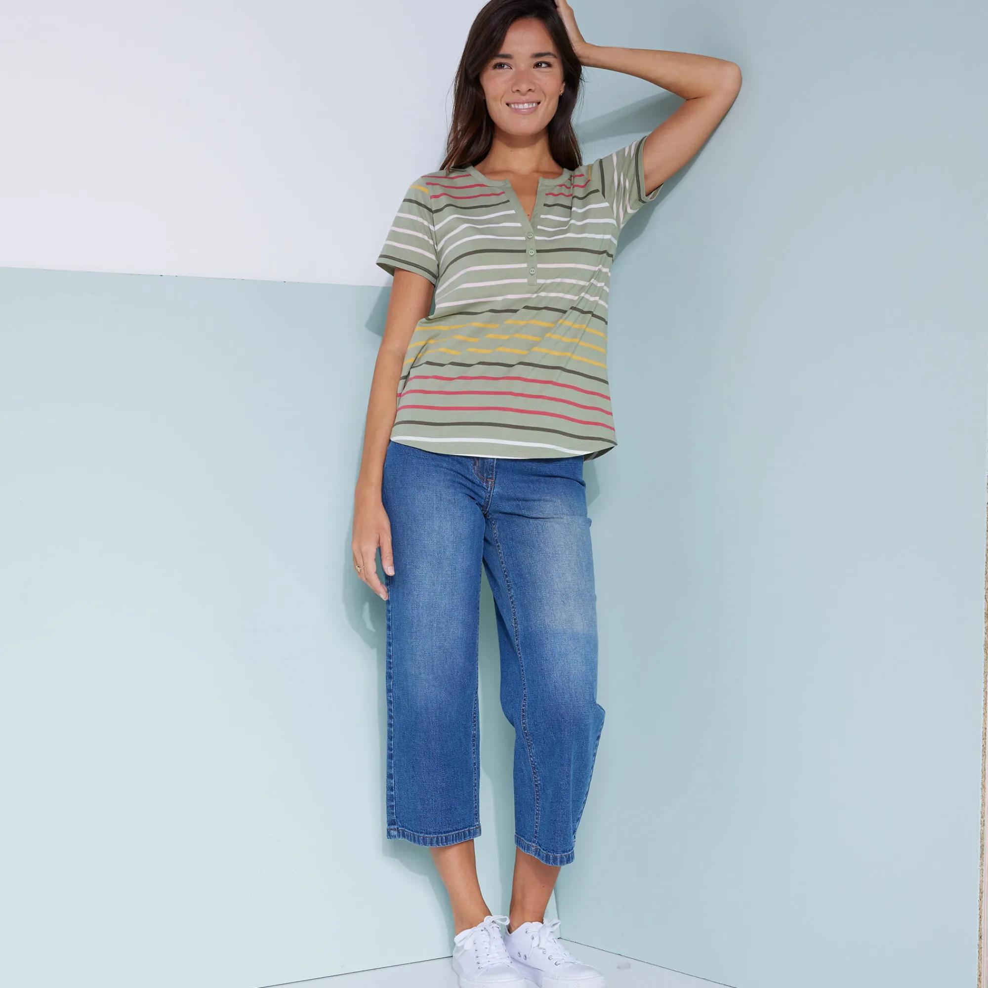 T-Shirt En Topje<Blancheporte Gestreept T-shirt met Tunesische hals en korte mouwen kaki / veelkleurig