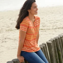 T-Shirt En Topje<Blancheporte Gestreept T-shirt met Tunesische hals en korte mouwen oranje / veelkleurig