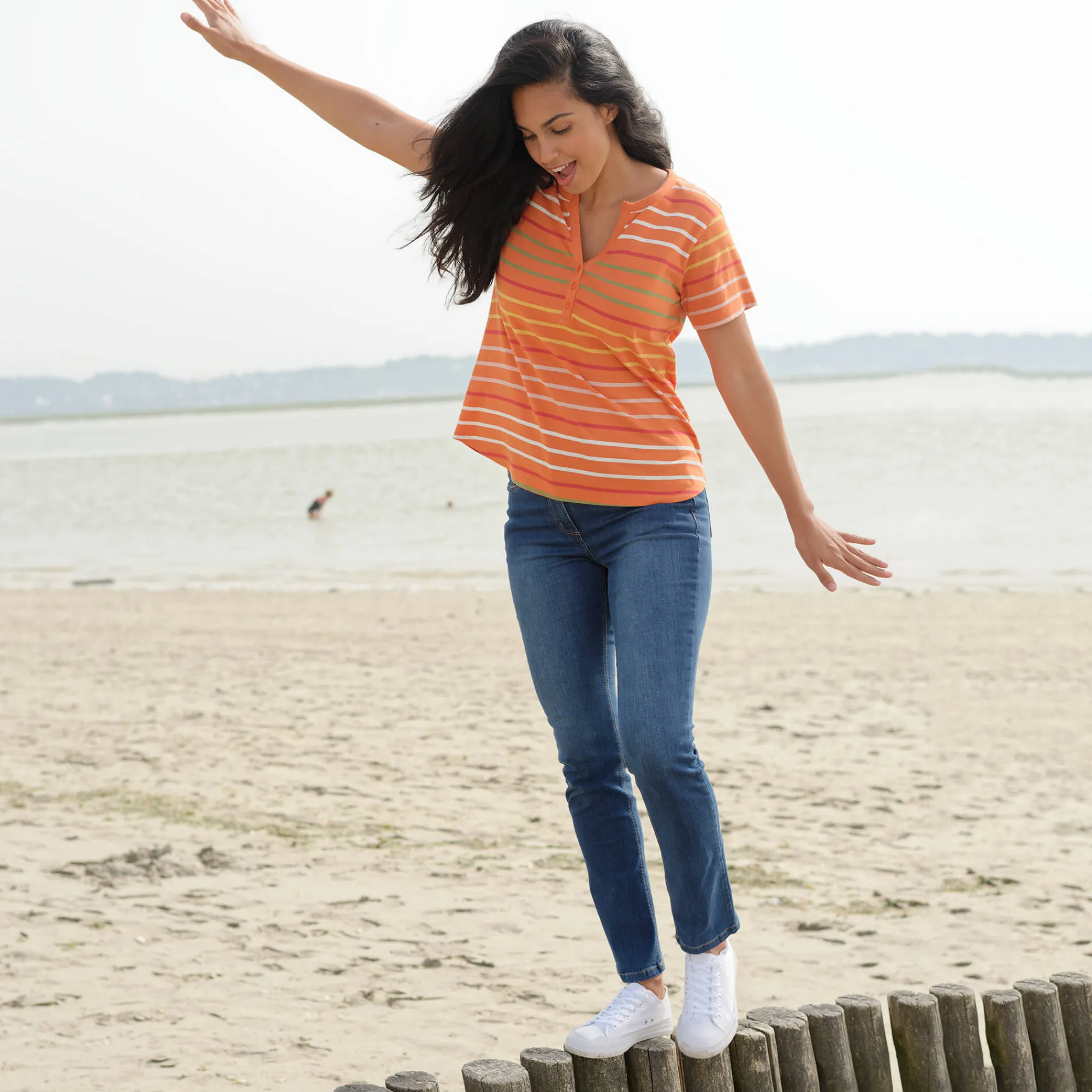 T-Shirt En Topje<Blancheporte Gestreept T-shirt met Tunesische hals en korte mouwen oranje / veelkleurig