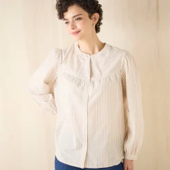 Bloes En Tuniek<Blancheporte Gestreepte bloes met knopen en ronde hals beige / wit
