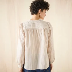 Bloes En Tuniek<Blancheporte Gestreepte bloes met knopen en ronde hals beige / wit
