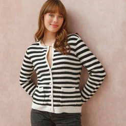 Trui En Vest<Blancheporte Gestreepte cardigan in fantasietricot ecru / zwart