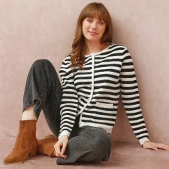 Trui En Vest<Blancheporte Gestreepte cardigan in fantasietricot ecru / zwart