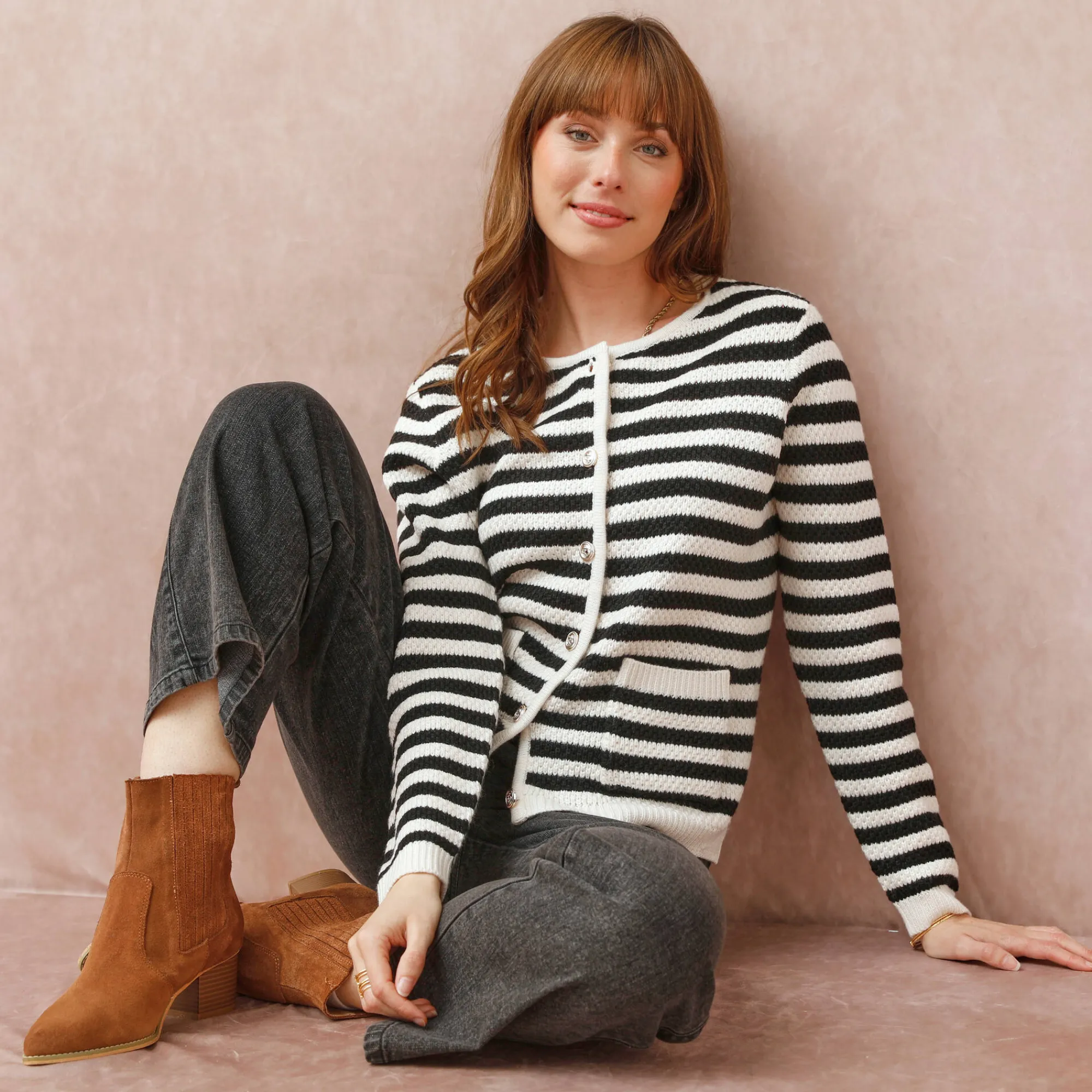 Trui En Vest<Blancheporte Gestreepte cardigan in fantasietricot ecru / zwart