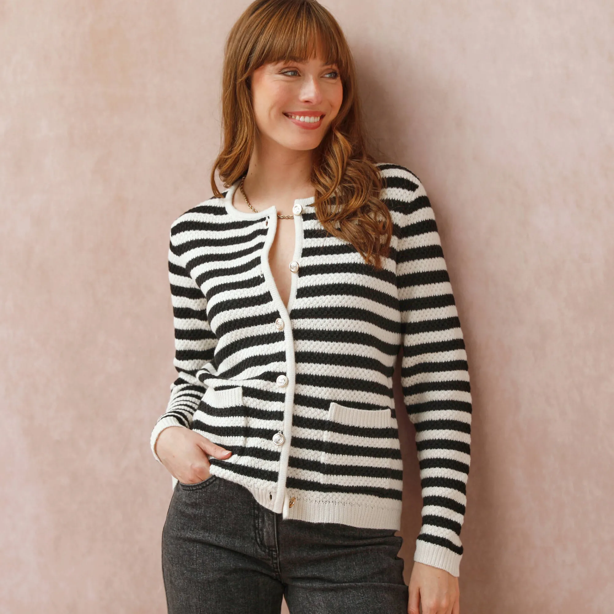 Trui En Vest<Blancheporte Gestreepte cardigan in fantasietricot ecru / zwart