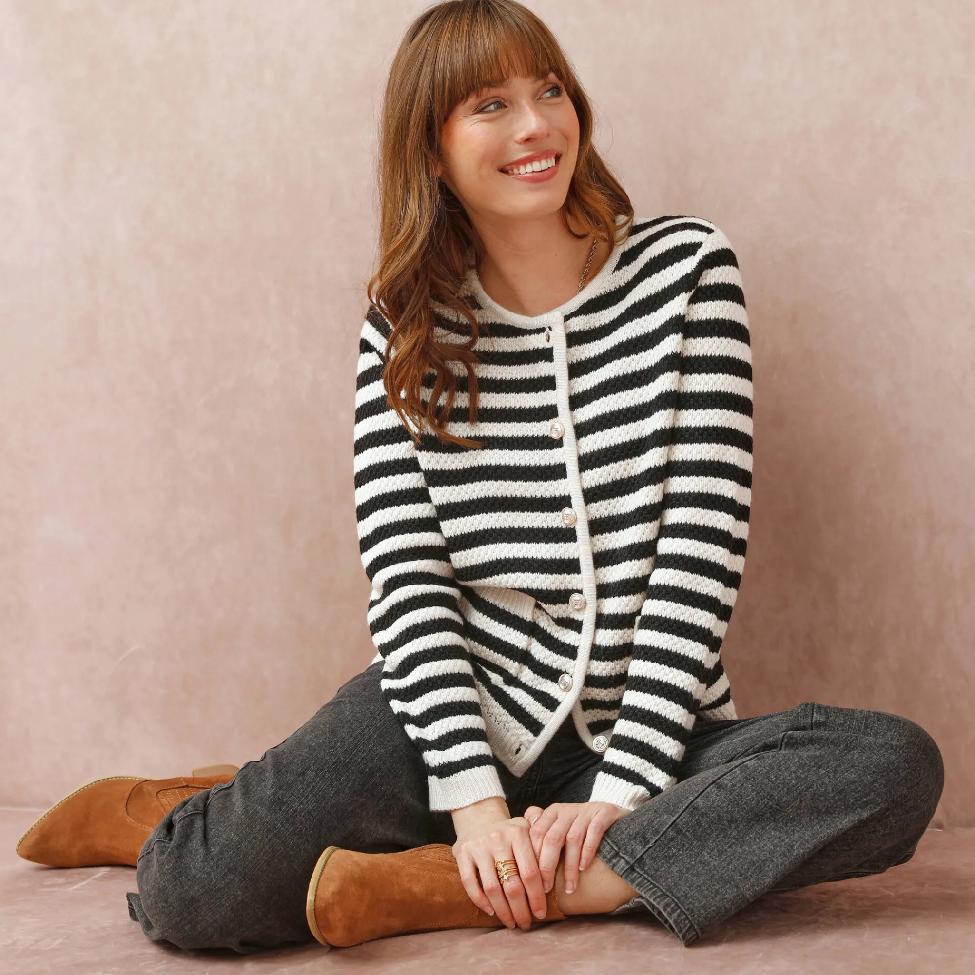 Trui En Vest<Blancheporte Gestreepte cardigan in fantasietricot ecru / zwart