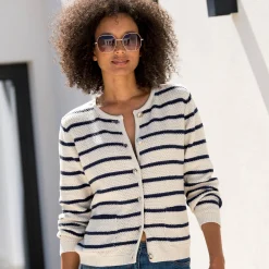 Trui En Vest<Blancheporte Gestreepte cardigan met officiersknopen, fantasietricot ecru / marine