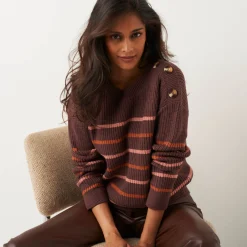 Trui En Vest<Blancheporte Gestreepte loose trui, boothals chocolade / rozenhout
