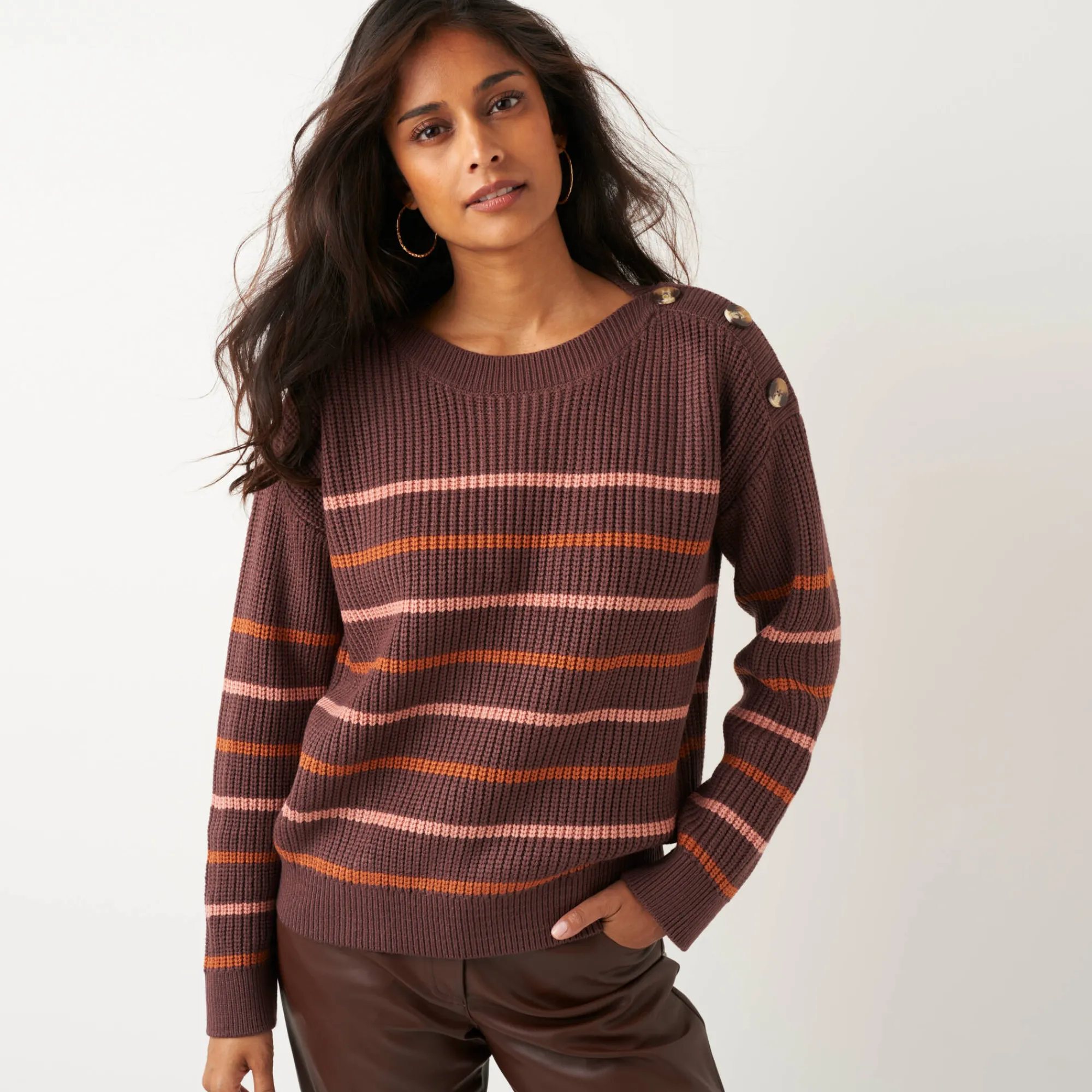 Trui En Vest<Blancheporte Gestreepte loose trui, boothals chocolade / rozenhout
