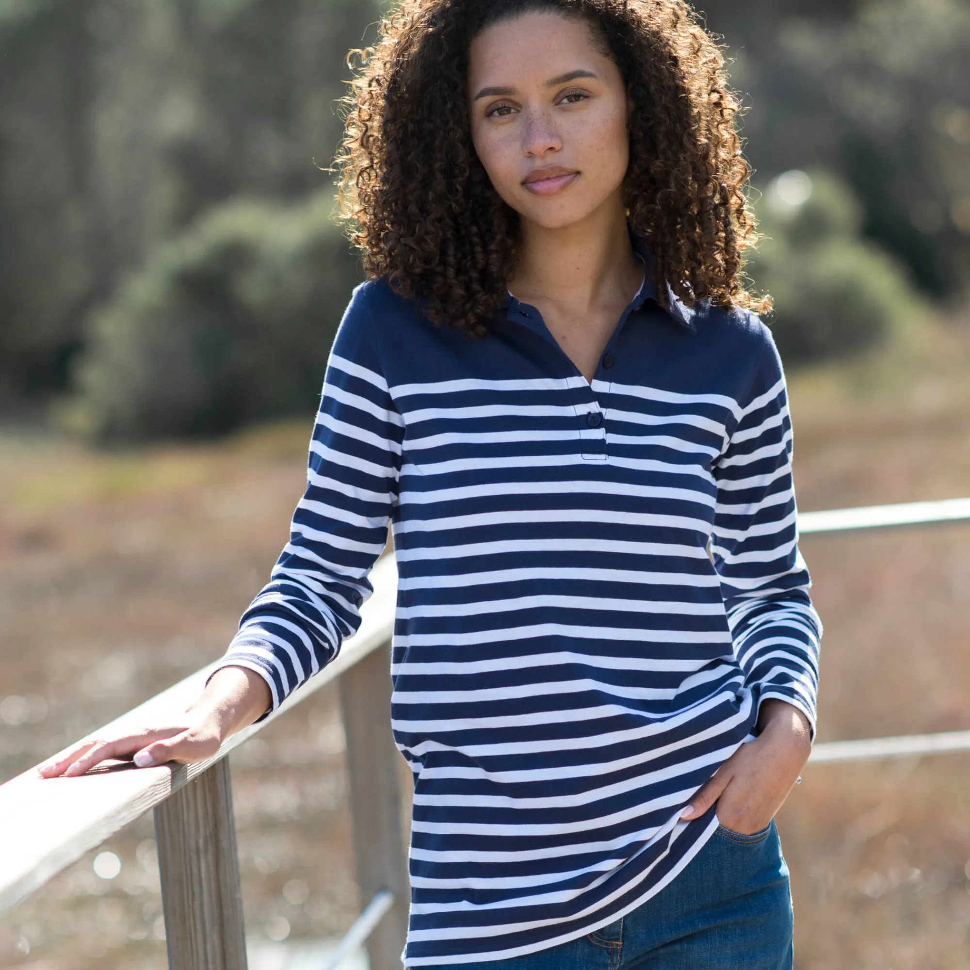 T-Shirt En Topje<Blancheporte Gestreepte polo in jerseytricot marine / gebroken wit