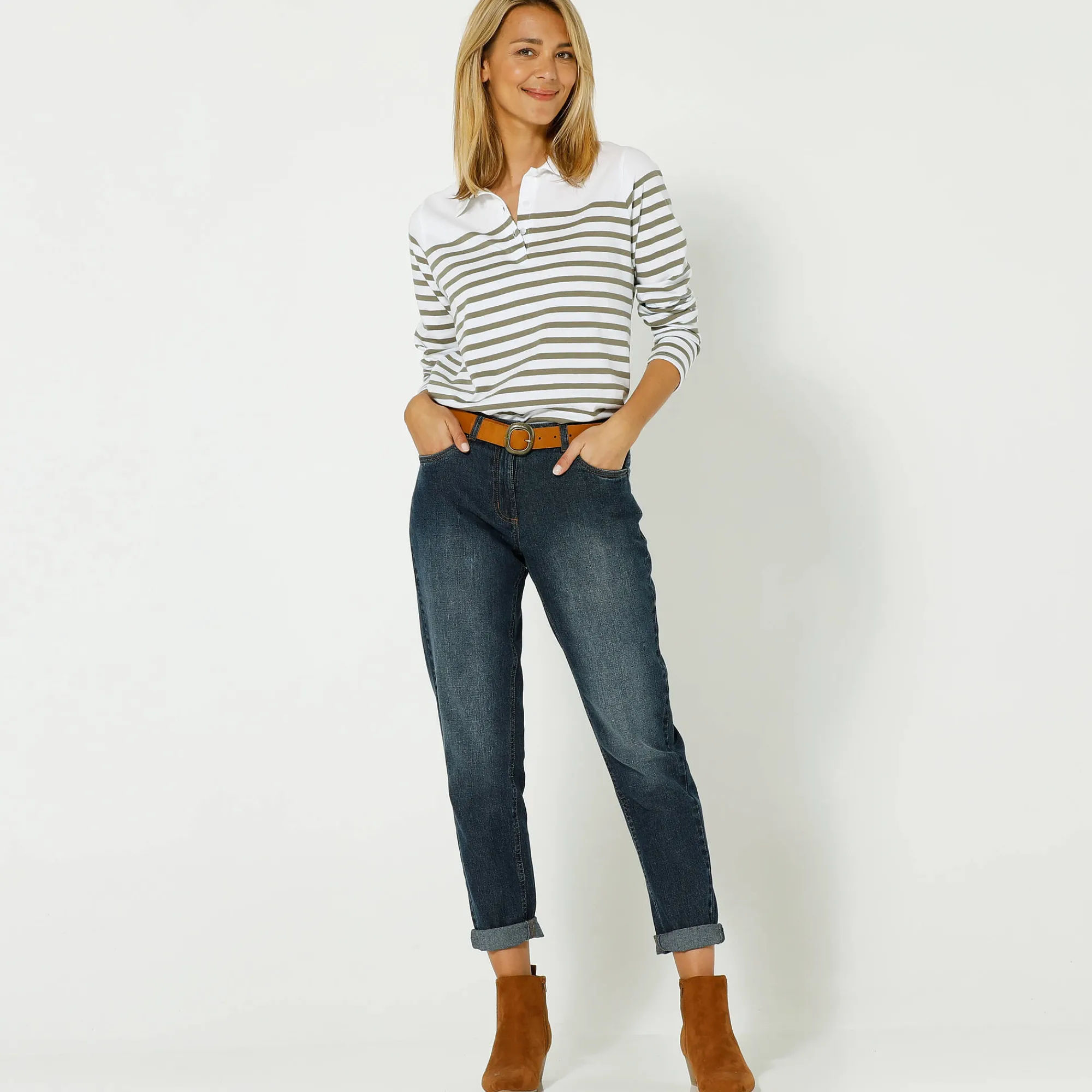 T-Shirt En Topje<Blancheporte Gestreepte polo in jerseytricot kaki / gebroken wit
