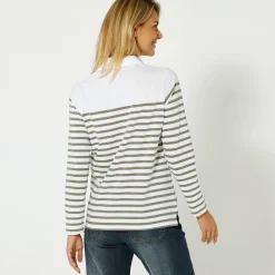 T-Shirt En Topje<Blancheporte Gestreepte polo in jerseytricot kaki / gebroken wit