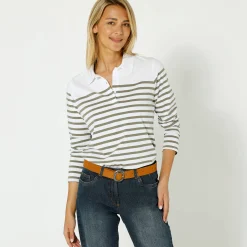 T-Shirt En Topje<Blancheporte Gestreepte polo in jerseytricot kaki / gebroken wit