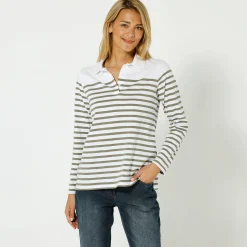 T-Shirt En Topje<Blancheporte Gestreepte polo in jerseytricot kaki / gebroken wit