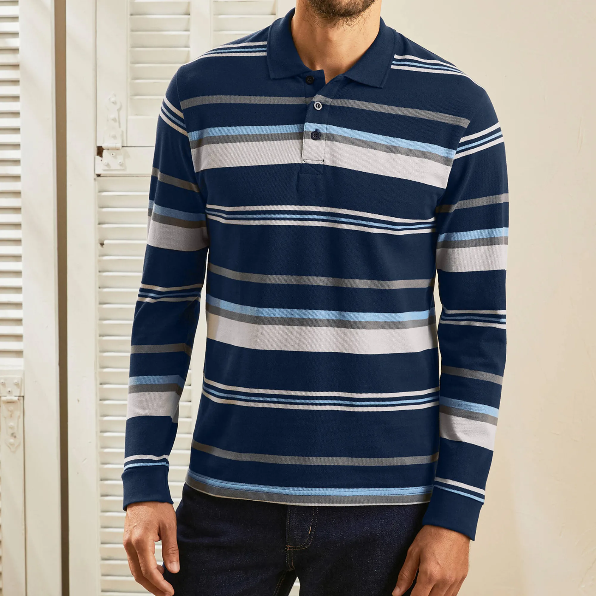 T-Shirt, Hemd En Polo<Blancheporte Gestreepte polo in piquétriot, lange mouwen marine / grijs