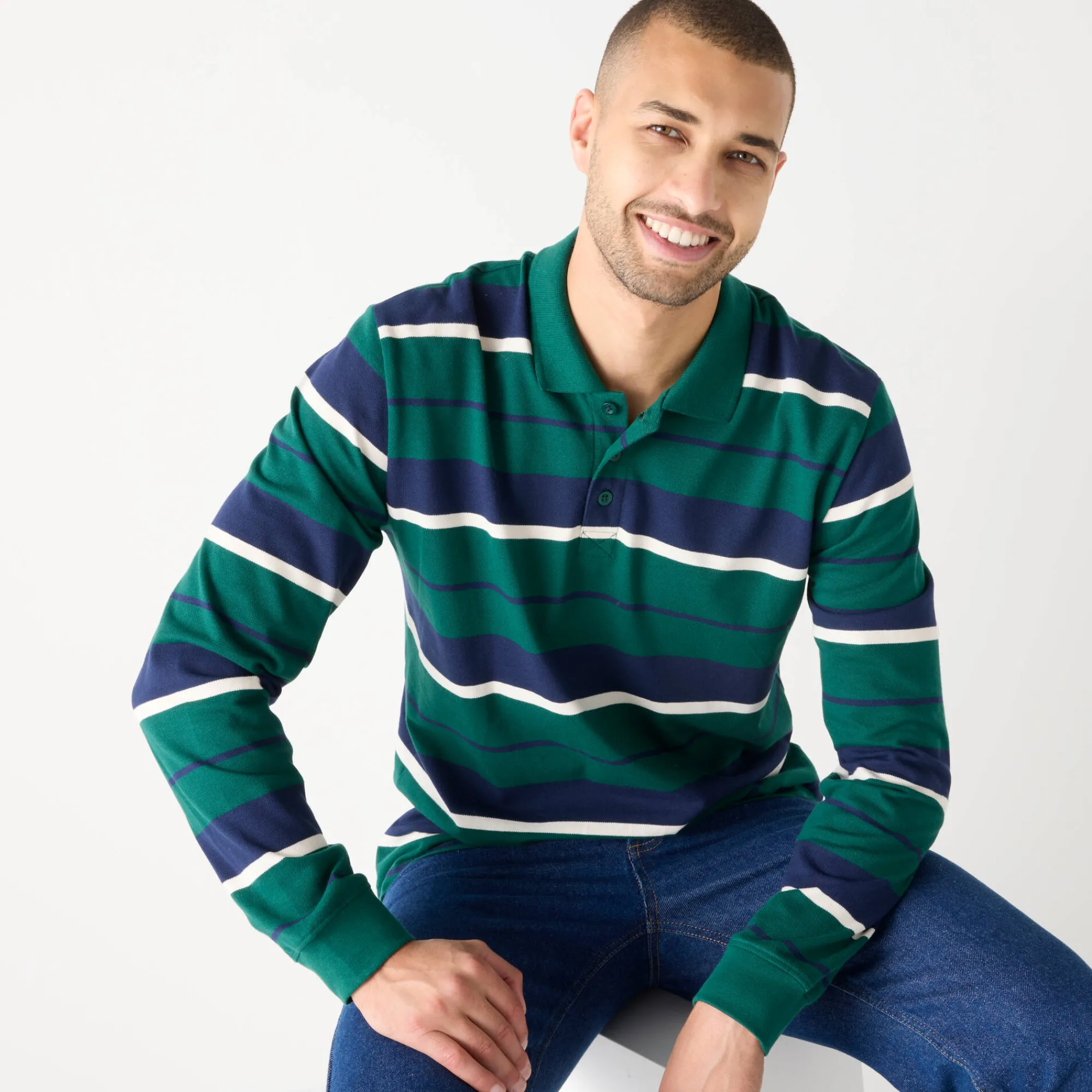T-Shirt, Hemd En Polo<Blancheporte Gestreepte polo in piquétricot, lange mouwen flessengroen