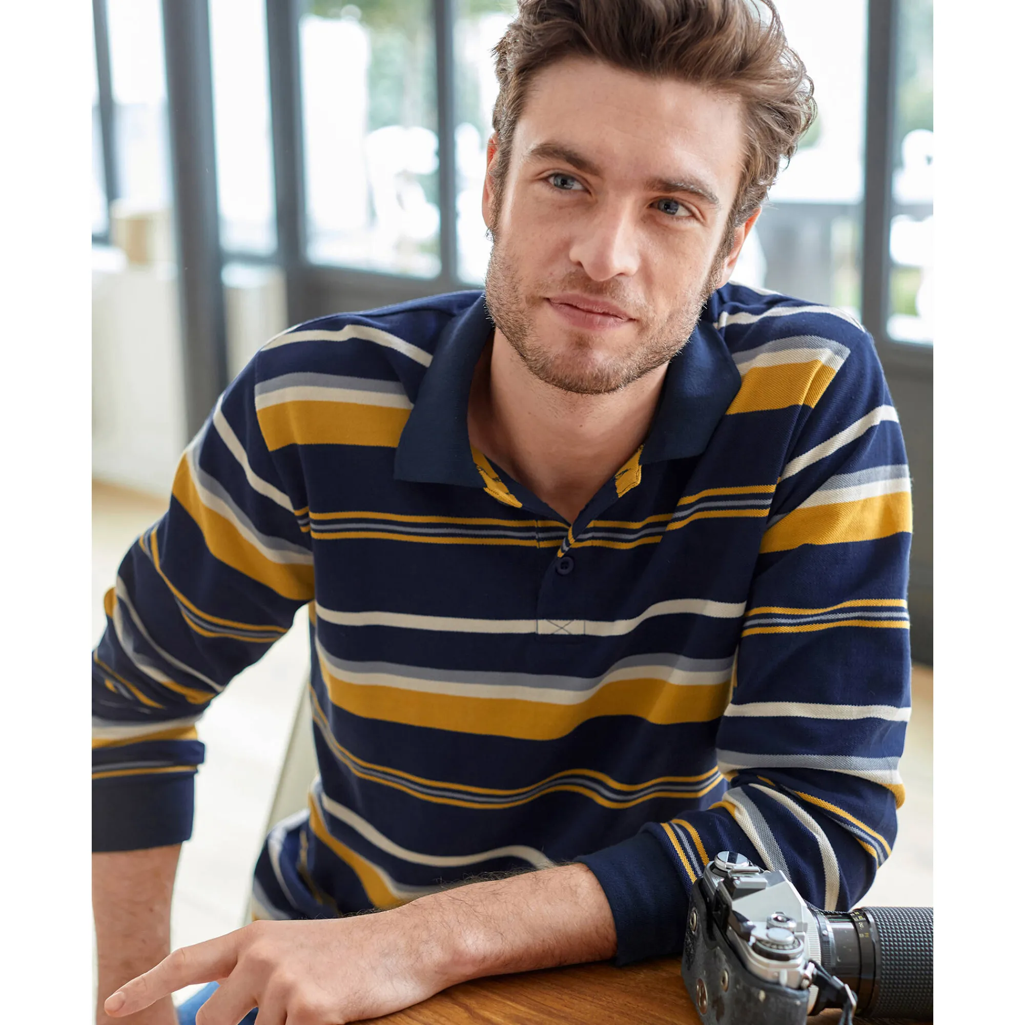 T-Shirt, Hemd En Polo<Blancheporte Gestreepte polo in piquétriot, lange mouwen marine / honing