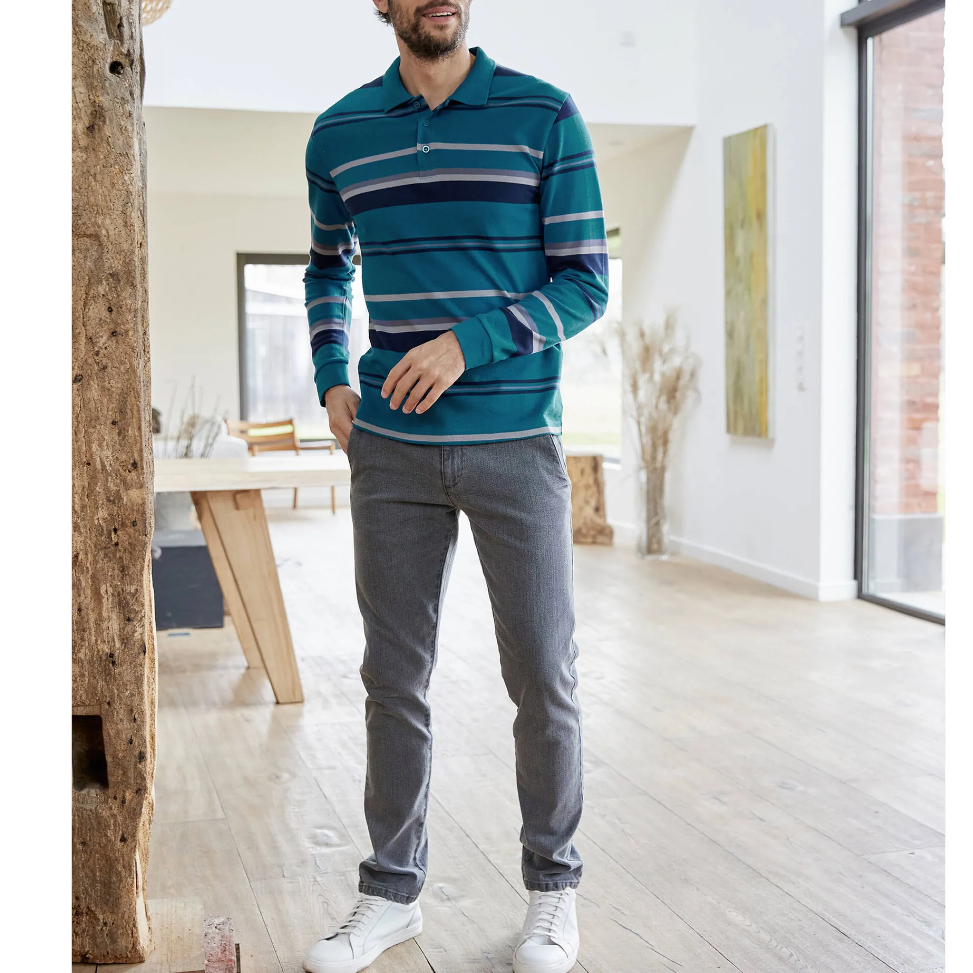 T-Shirt, Hemd En Polo<Blancheporte Gestreepte polo in piquétriot, lange mouwen eendenblauw