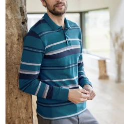 T-Shirt, Hemd En Polo<Blancheporte Gestreepte polo in piquétriot, lange mouwen eendenblauw