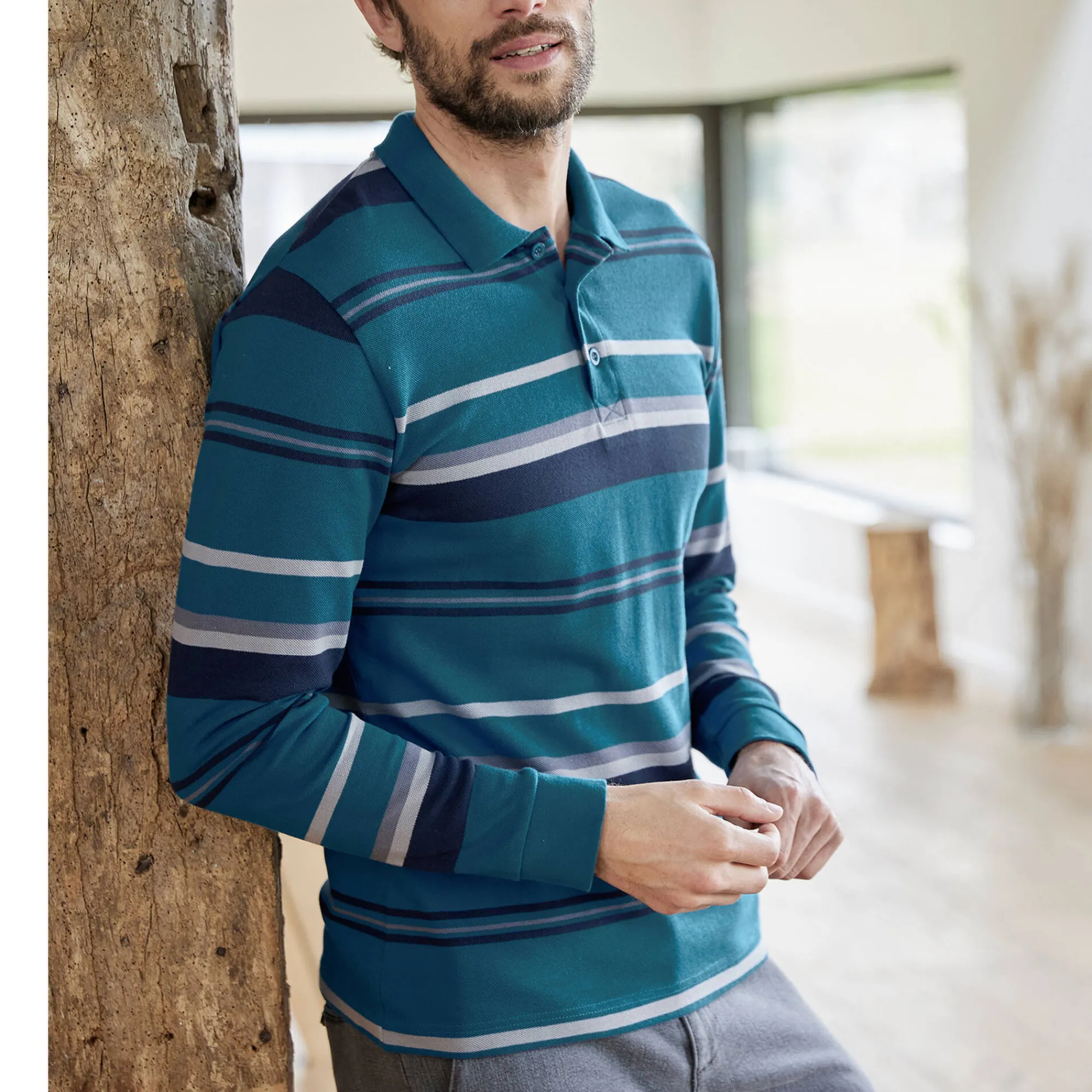 T-Shirt, Hemd En Polo<Blancheporte Gestreepte polo in piquétriot, lange mouwen eendenblauw