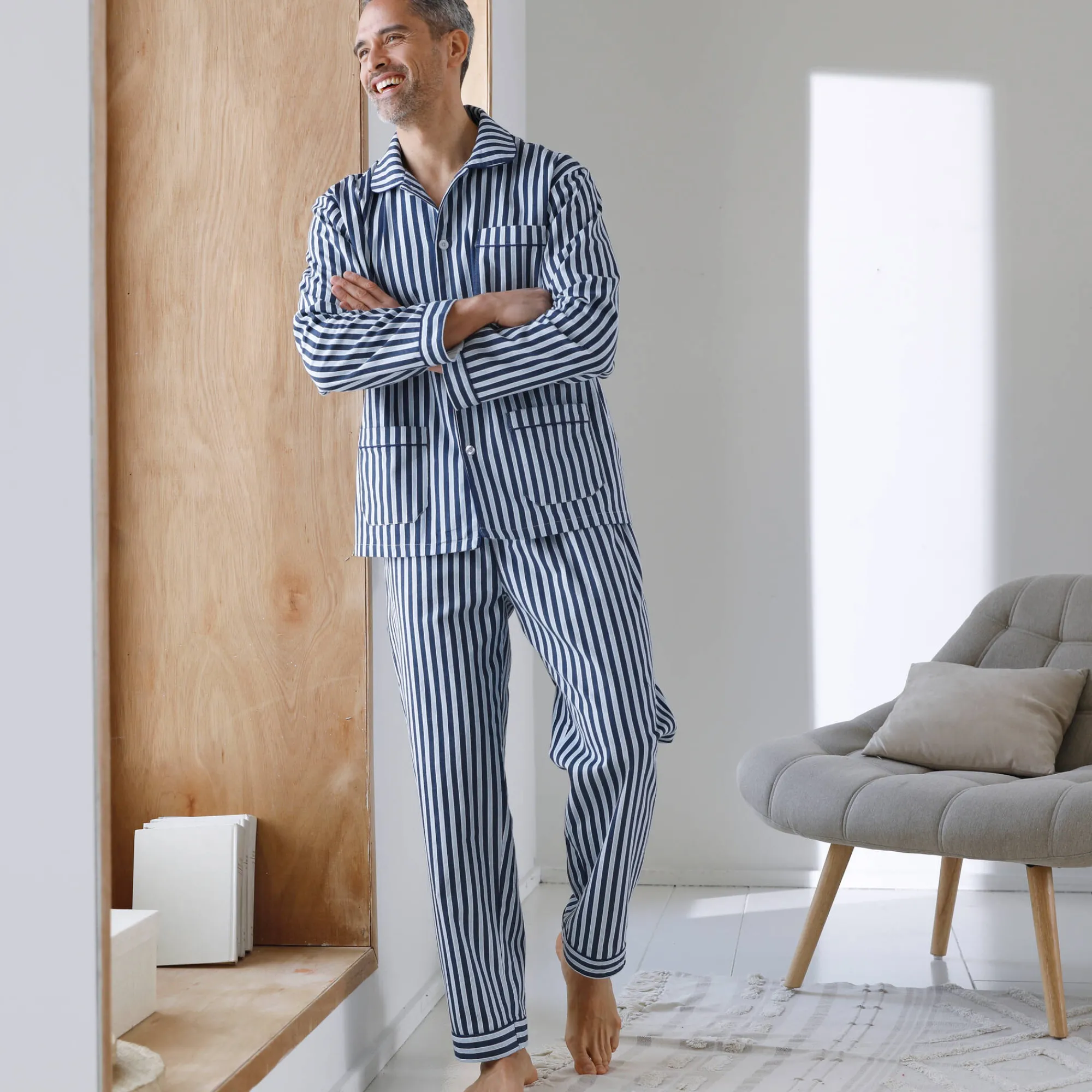 Pyjama En Kamerjas<Blancheporte Gestreepte pyjama - katoenflanel marine / ecru