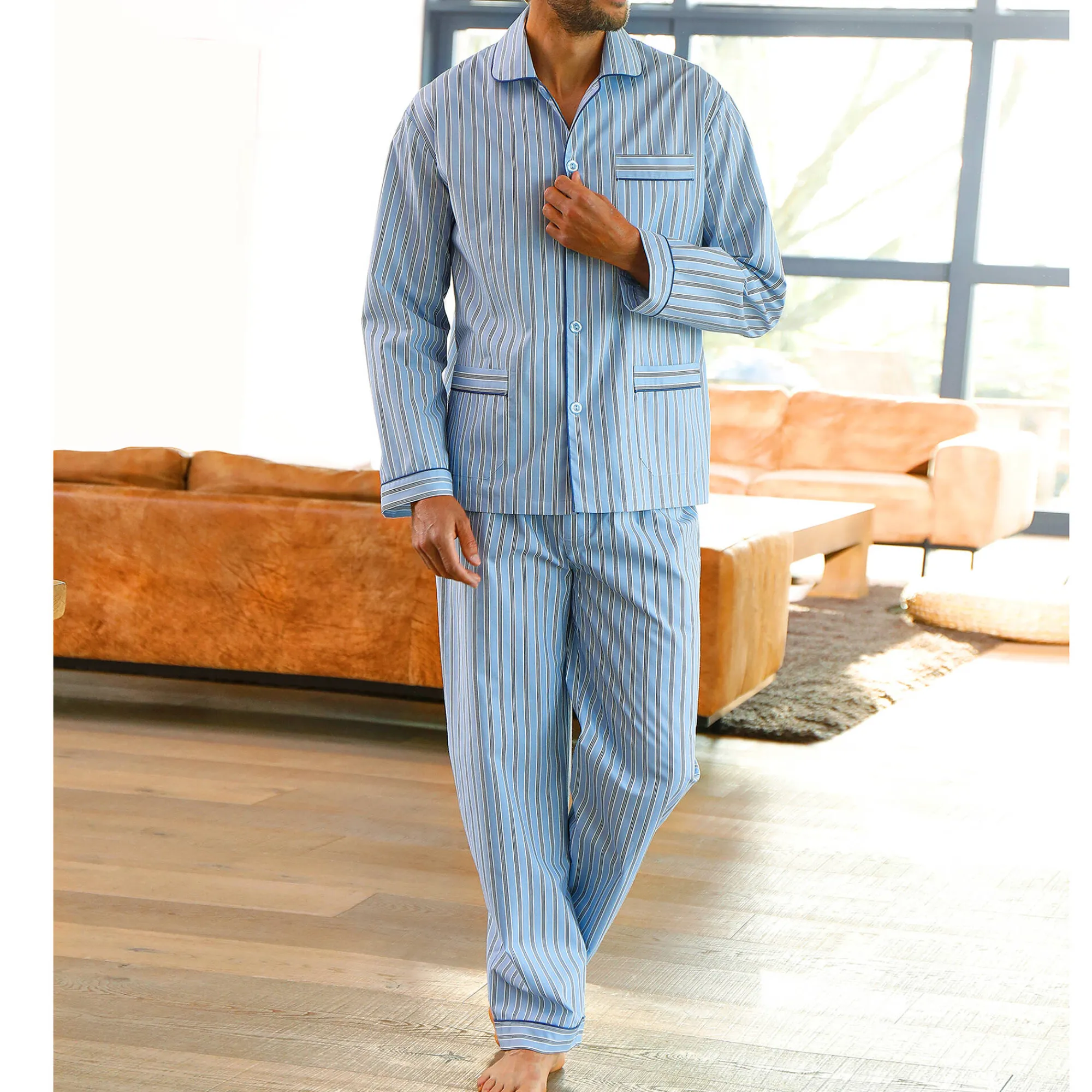 Pyjama En Kamerjas<Blancheporte Gestreepte pyjama - katoenflanel hemelsblauw