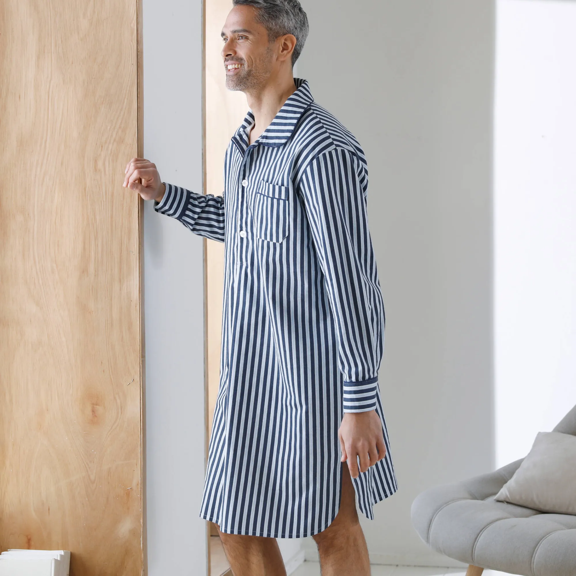 Pyjama En Kamerjas<Blancheporte Gestreepte pyjama in liketstijl - katoenflanel marine / ecru