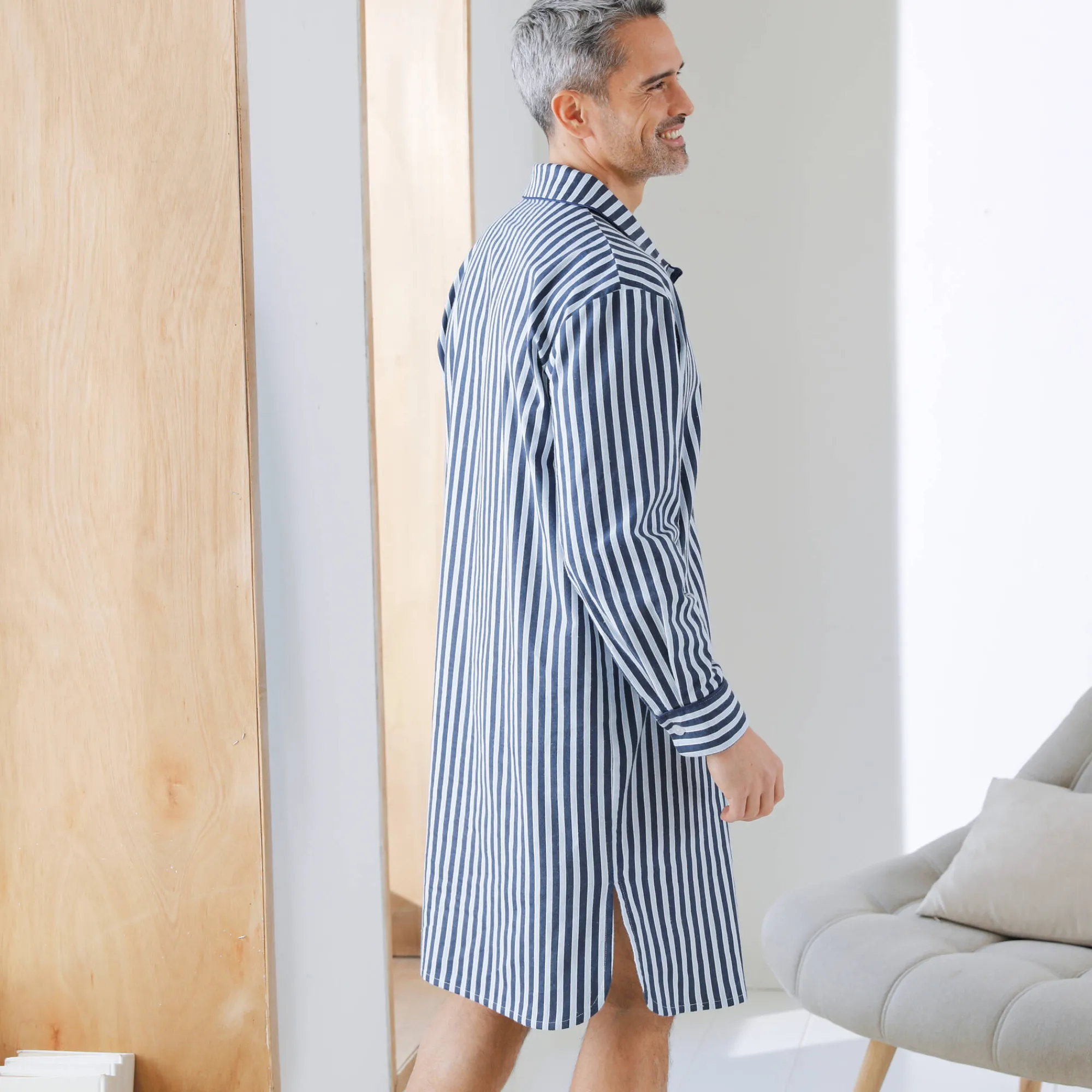 Pyjama En Kamerjas<Blancheporte Gestreepte pyjama in liketstijl - katoenflanel marine / ecru