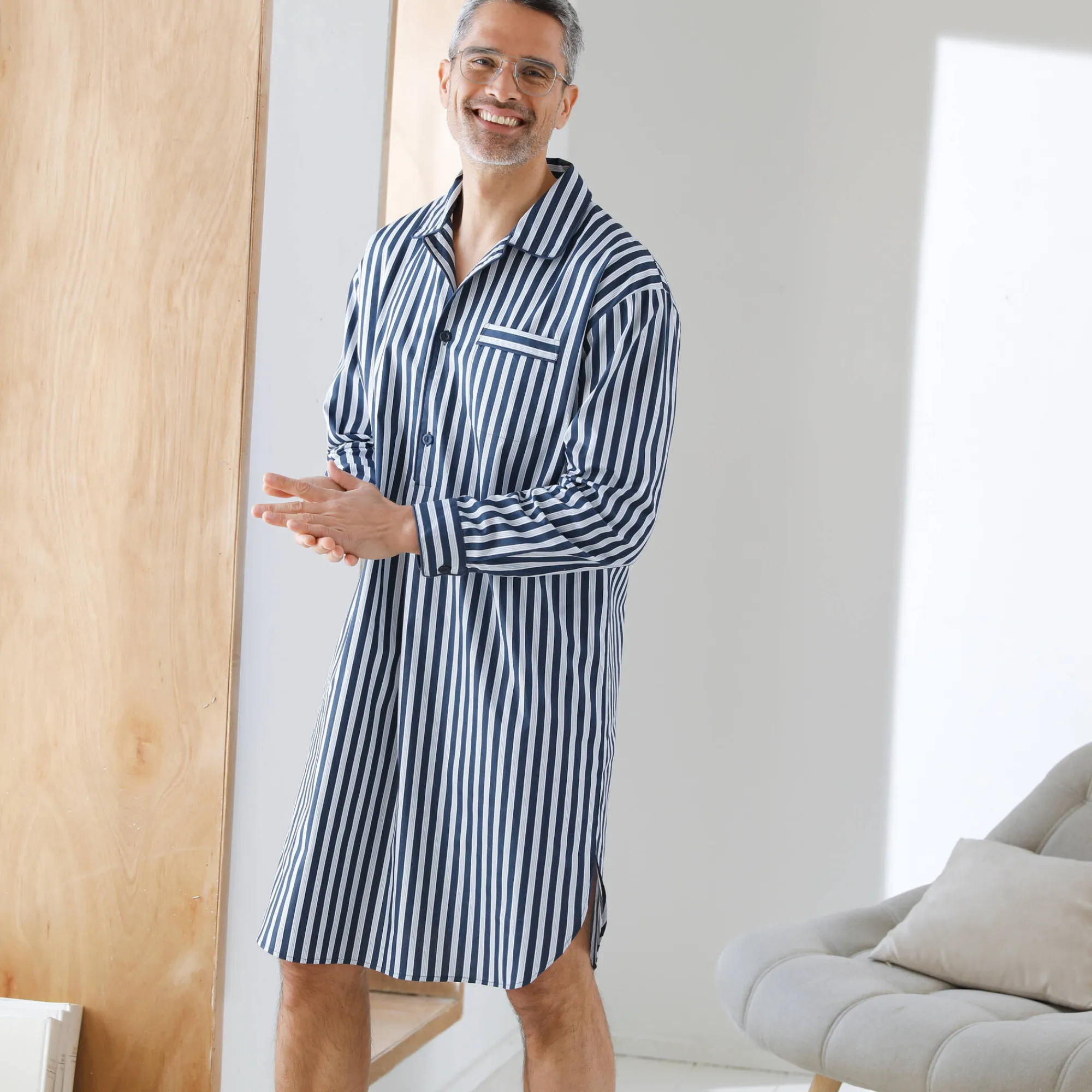 Pyjama En Kamerjas<Blancheporte Gestreepte pyjama in liketstijl - katoenpopeline marine / ecru