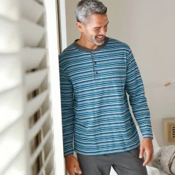 Pyjama En Kamerjas<Blancheporte Gestreepte pyjama met Tunesische hals antraciet / eendenblauw