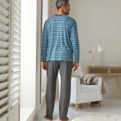 Pyjama En Kamerjas<Blancheporte Gestreepte pyjama met Tunesische hals antraciet / eendenblauw