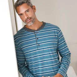 Pyjama En Kamerjas<Blancheporte Gestreepte pyjama met Tunesische hals antraciet / eendenblauw