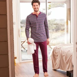 Pyjama En Kamerjas<Blancheporte Gestreepte pyjama met Tunesische hals bordeaux
