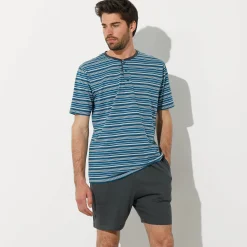 Pyjama En Kamerjas<Blancheporte Gestreepte shortama met Tunesische hals antraciet / eendenblauw