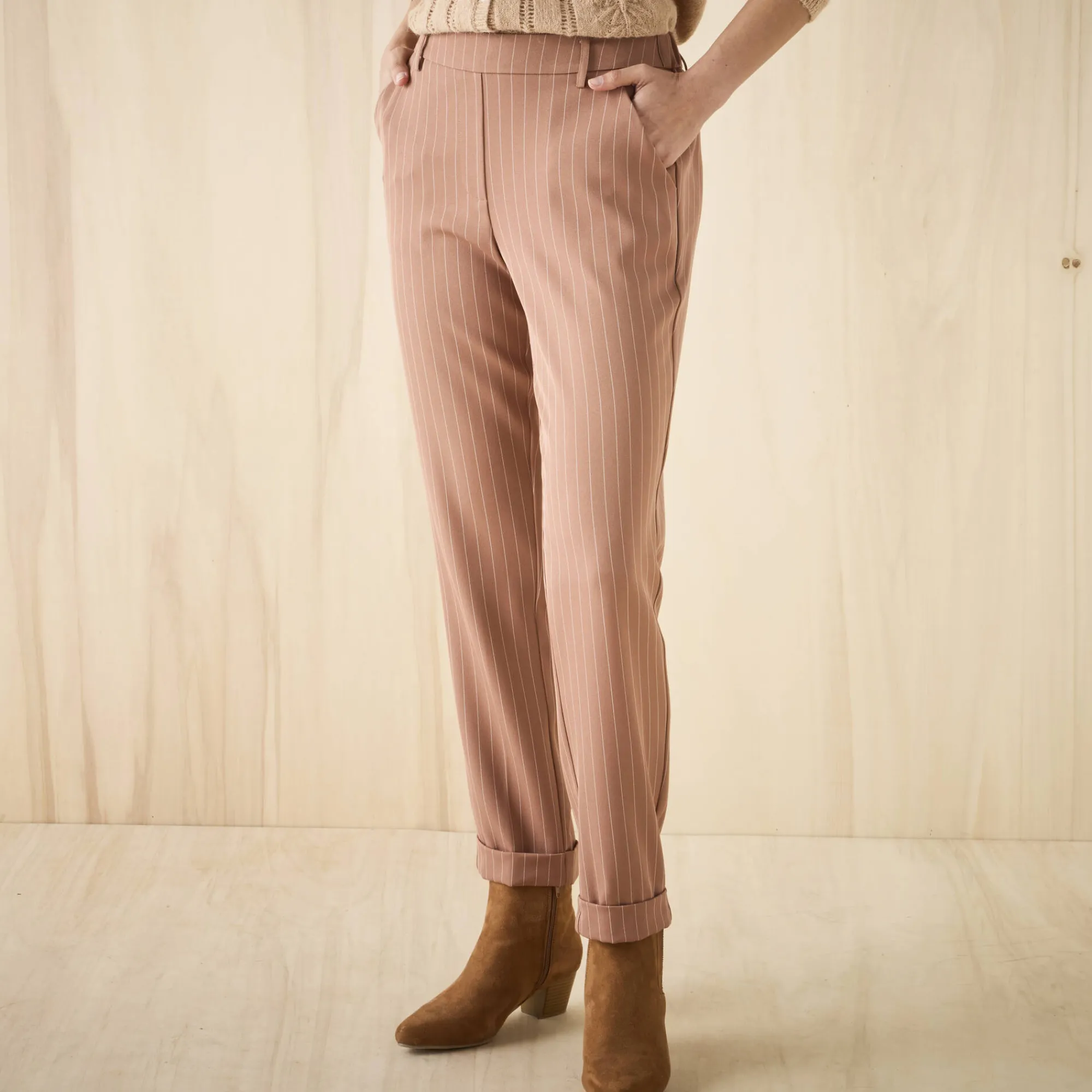 Broek<Blancheporte Gestreepte tapered 7/8-broek hazelnootbruin / wit