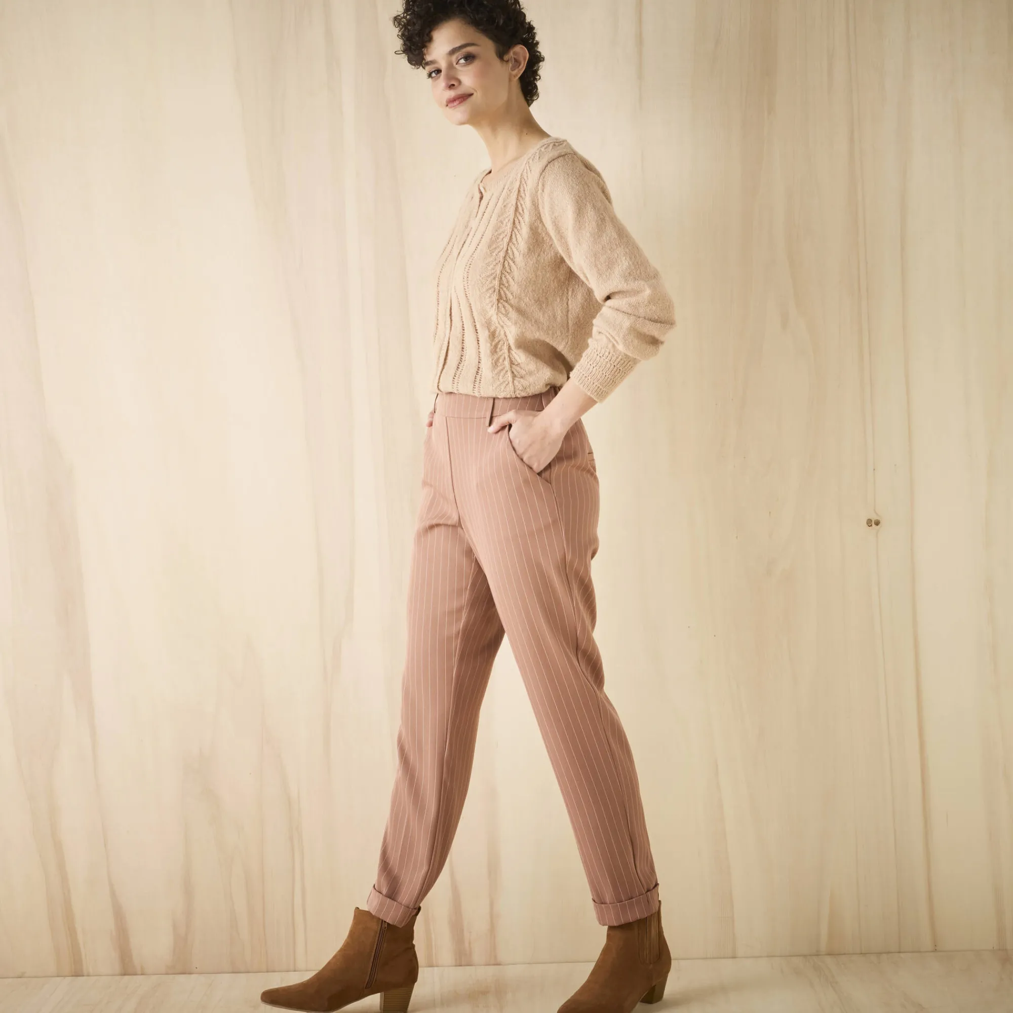 Broek<Blancheporte Gestreepte tapered 7/8-broek hazelnootbruin / wit