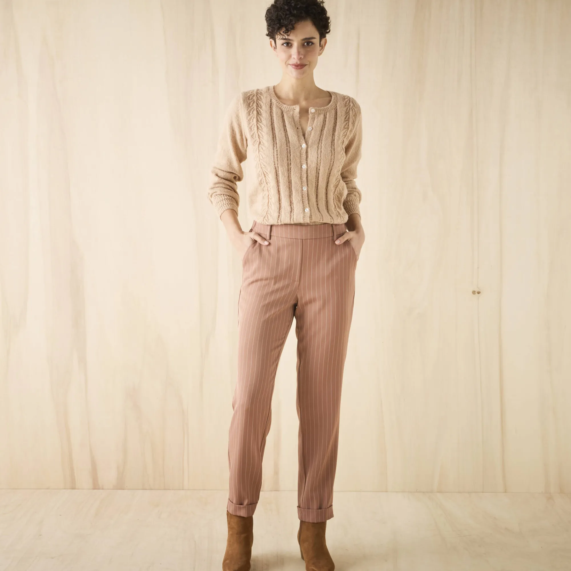 Broek<Blancheporte Gestreepte tapered 7/8-broek hazelnootbruin / wit