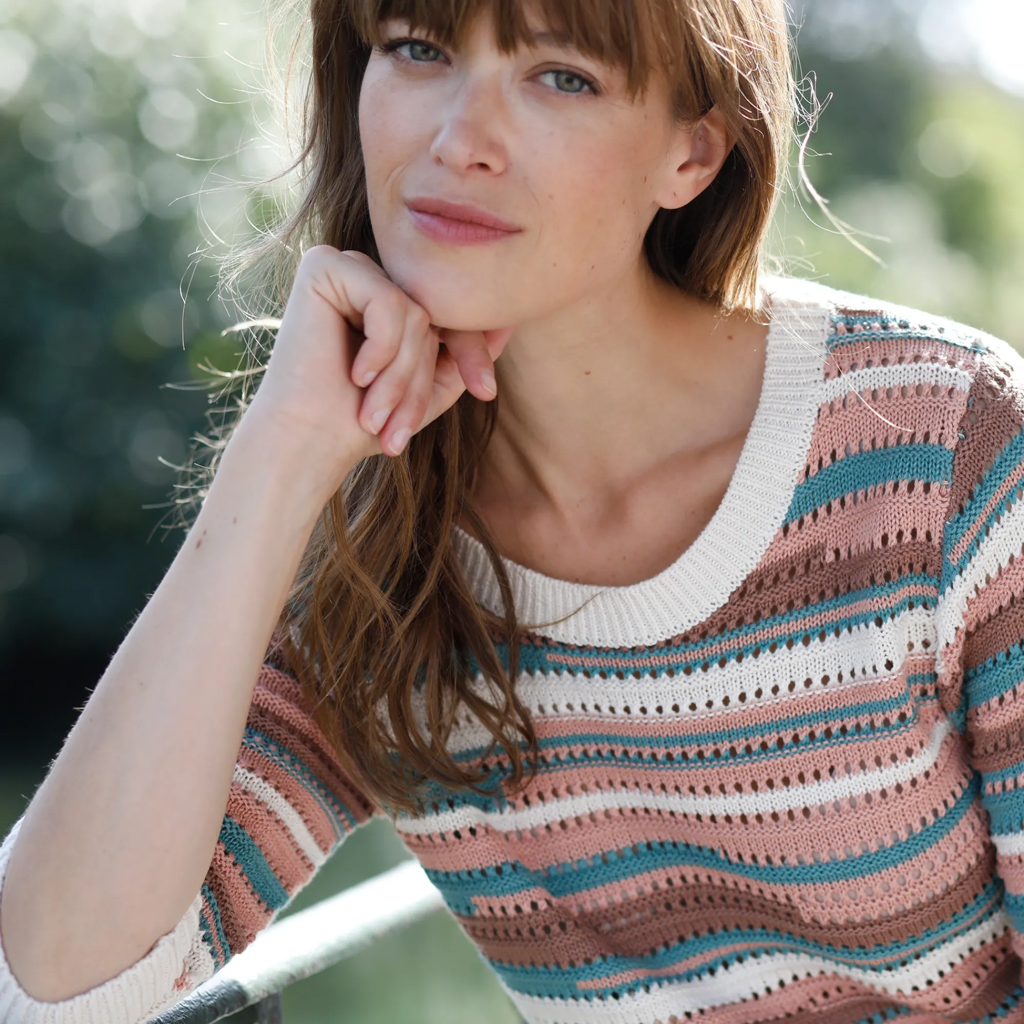 Trui En Vest<Blancheporte Gestreepte trui, ajourtricot ecru / taupe