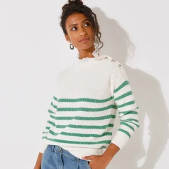 Trui En Vest<Blancheporte Gestreepte trui, hals in broderie anglaise ecru / groen